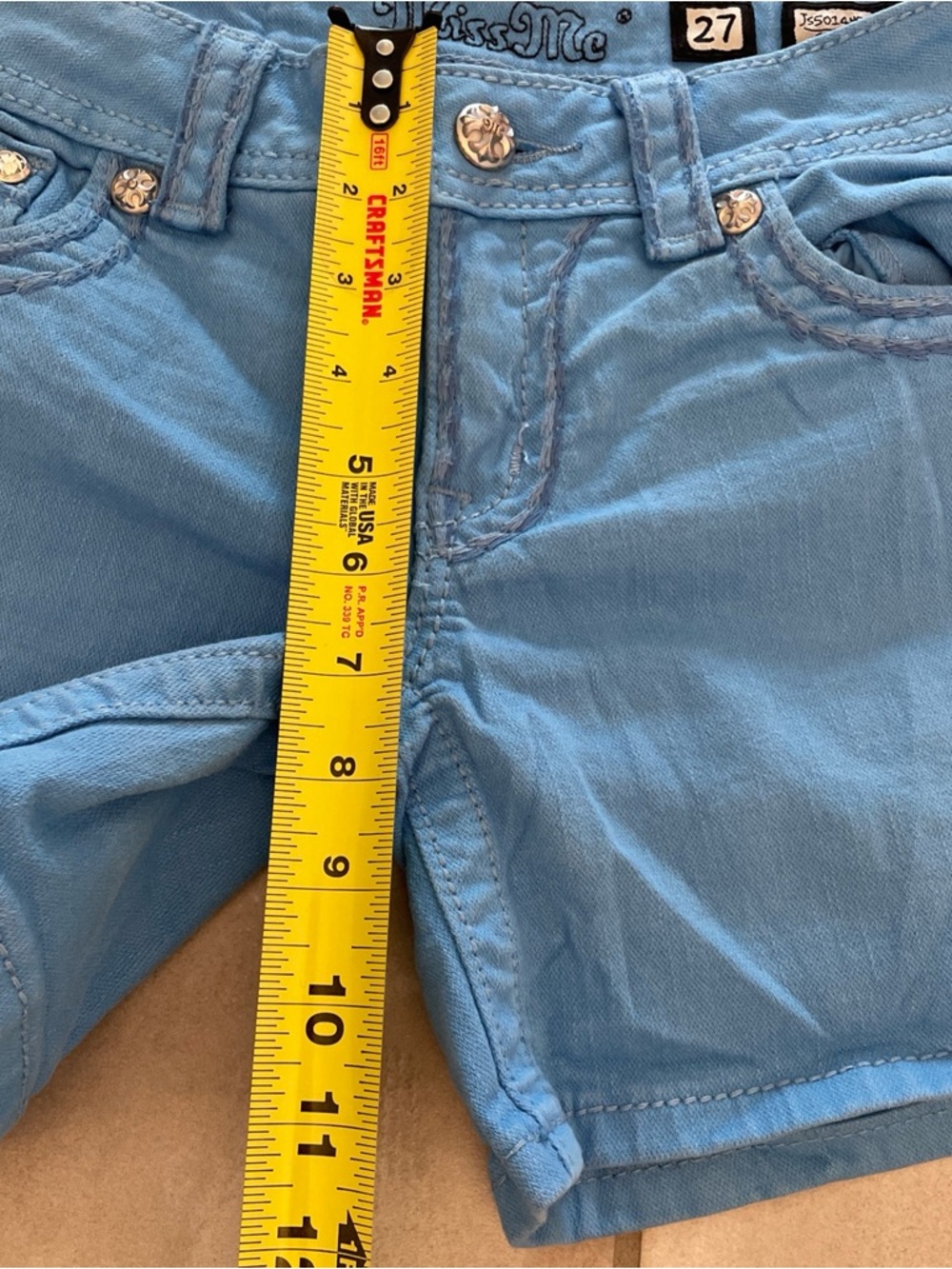 Miss Me Jeans Shorts 27, JS5014H53 Washed Sky Blue Low Rise Studded Crystals Y2K - Picture 7 of 13